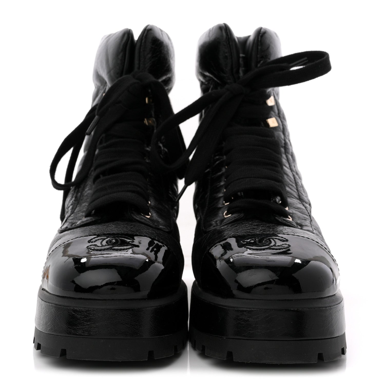 CRUMPLED PATENT LAMBSKIN CALFSKIN QUILTED LACE UP COMBAT BOOTS BLACK
