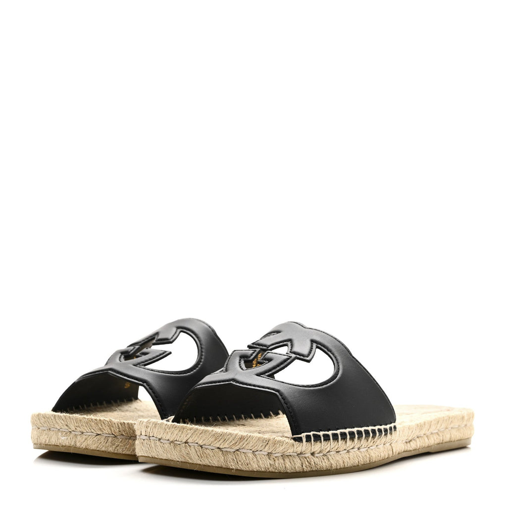 COSMOS SOFTY CALFSKIN ESPADRILLE MENS INTERLOCKING G CUT OUT SLIDE SANDALS BLACK