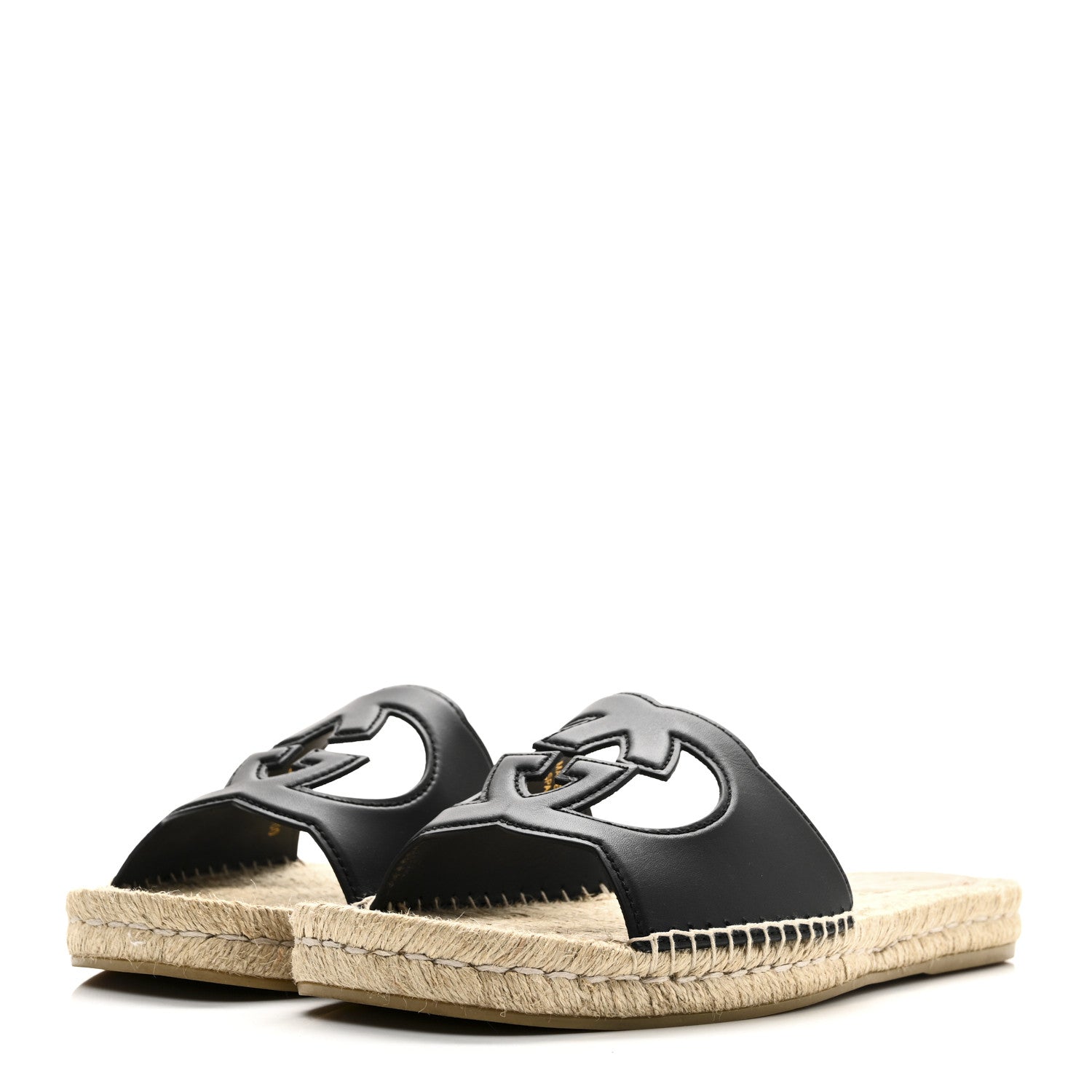 COSMOS SOFTY CALFSKIN ESPADRILLE MENS INTERLOCKING G CUT OUT SLIDE SANDALS BLACK