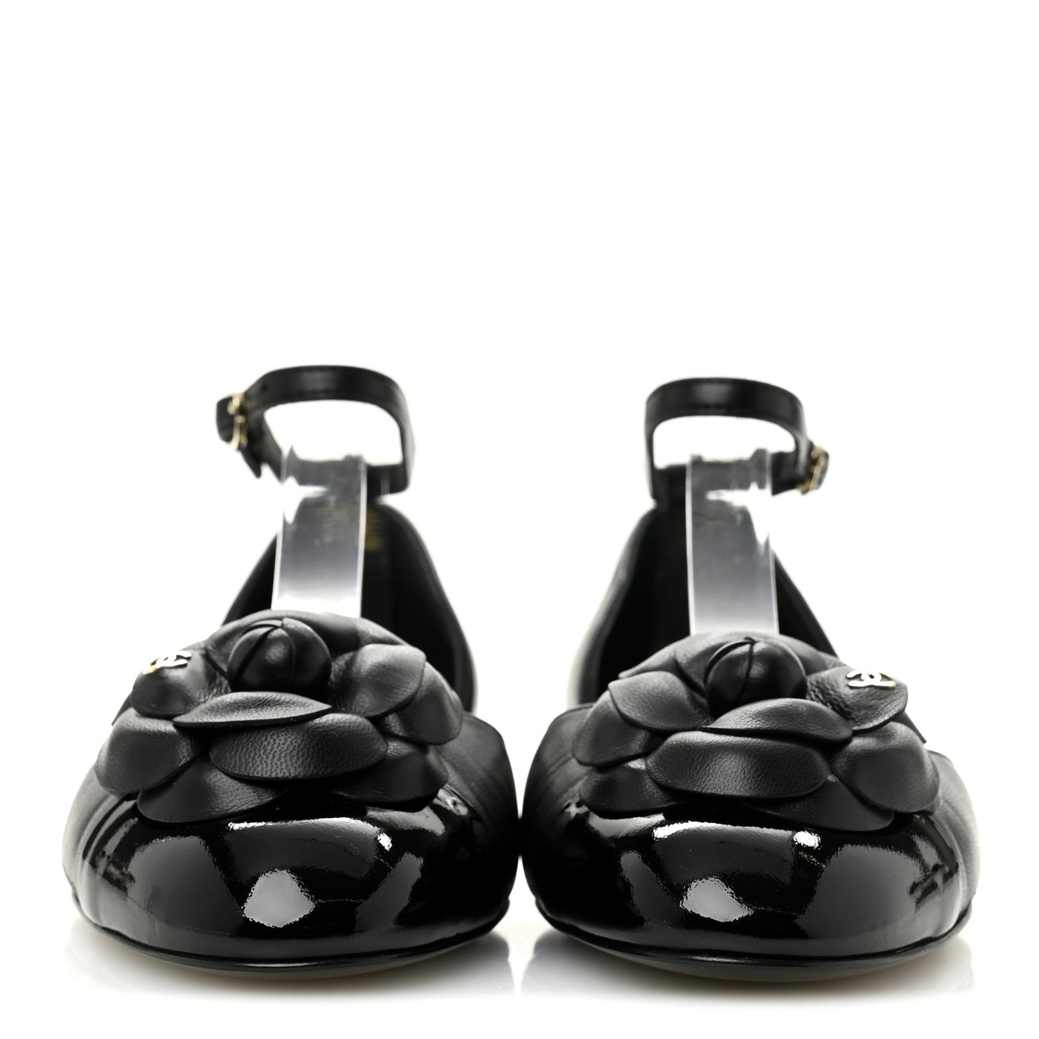 LAMBSKIN PATENT CALFSKIN CAP TOE CAMELLIA MARY JANE FLATS BLACK