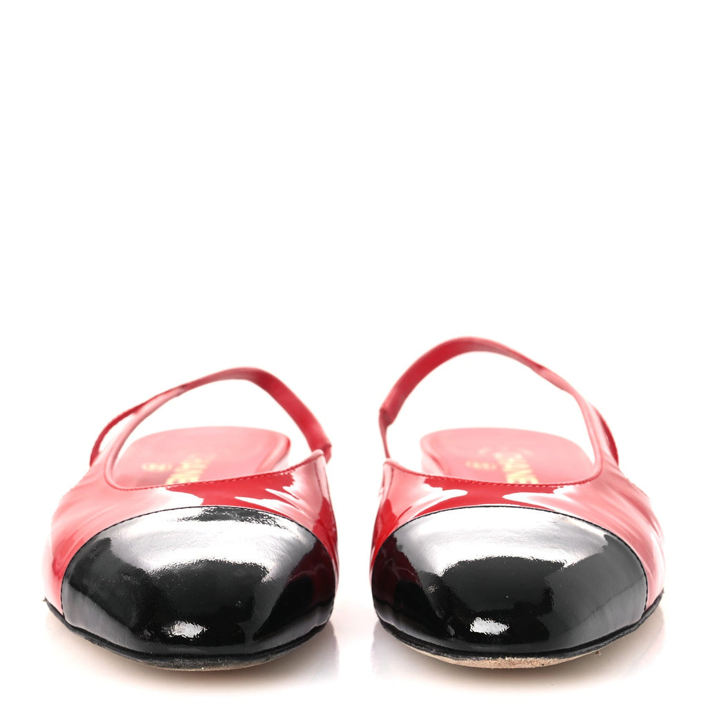 PATENT CALFSKIN CAP TOE CC SLINGBACK FLATS RED BLACK