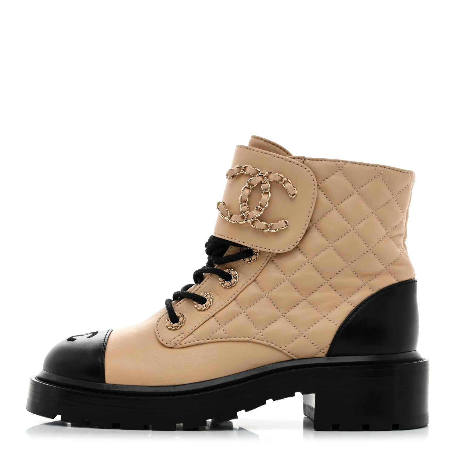 LAMBSKIN CALFSKIN QUILTED LACE UP COMBAT BOOTS BEIGE BLACK