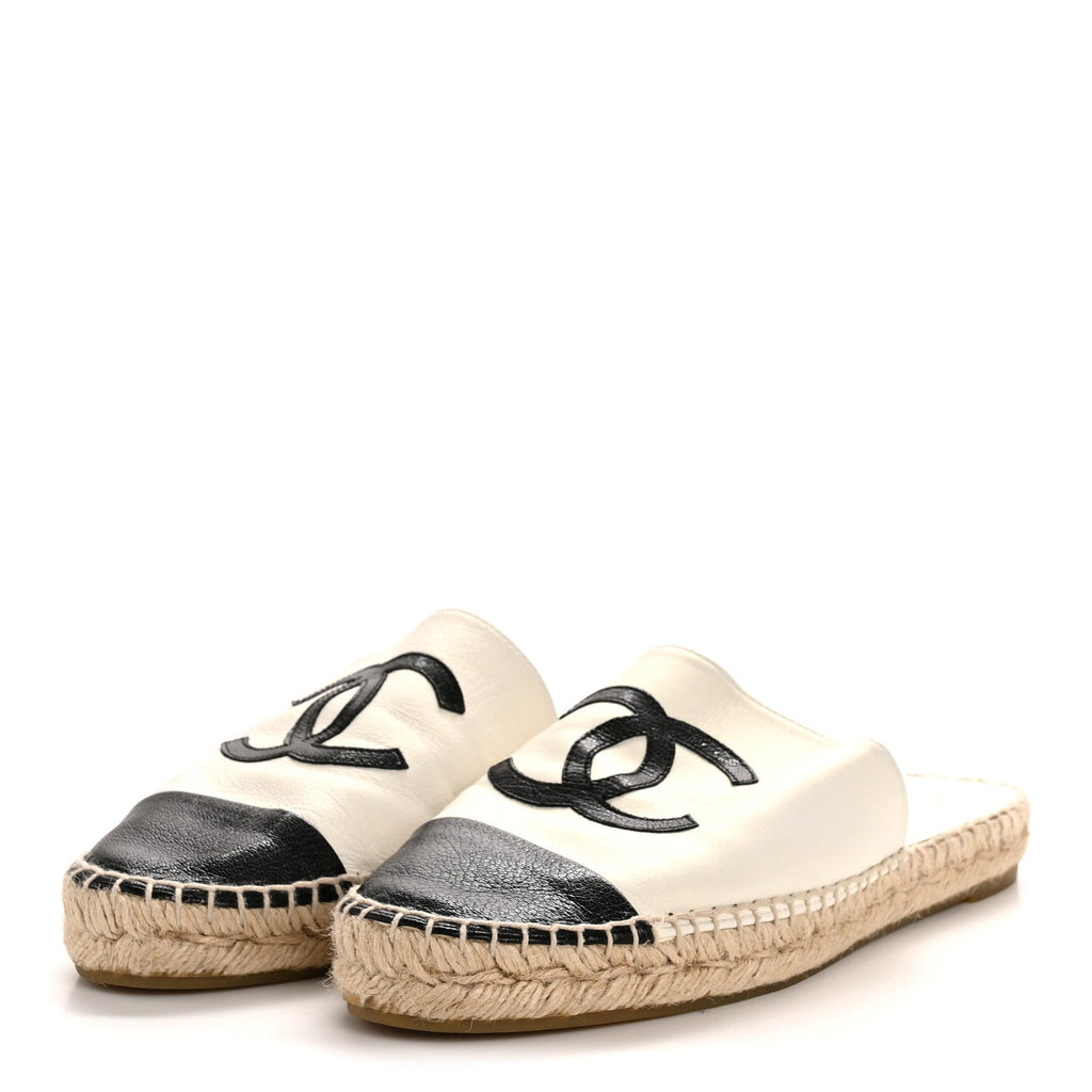 IRIDESCENT GOATSKIN CC ESPADRILLE MULES IVORY BLACK