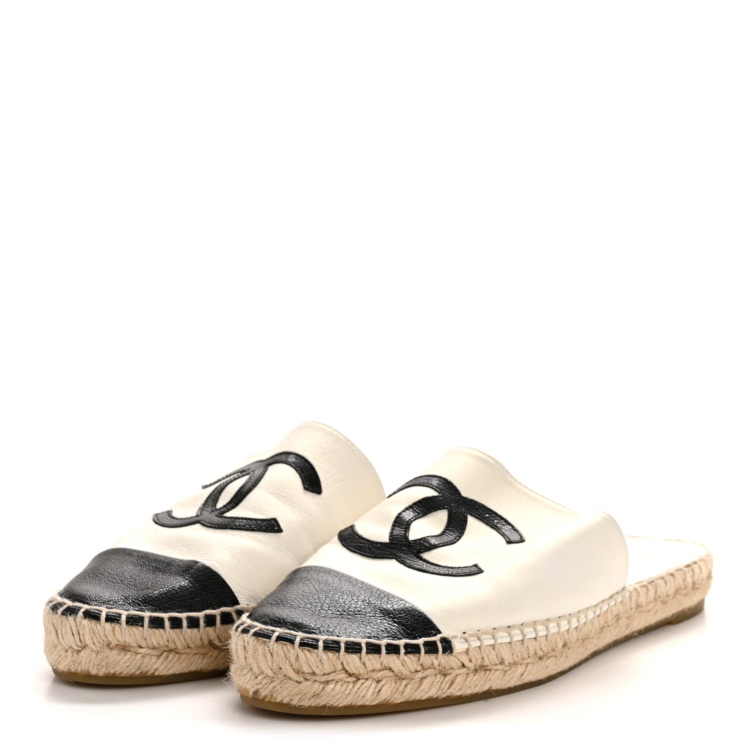 IRIDESCENT GOATSKIN CC ESPADRILLE MULES IVORY BLACK