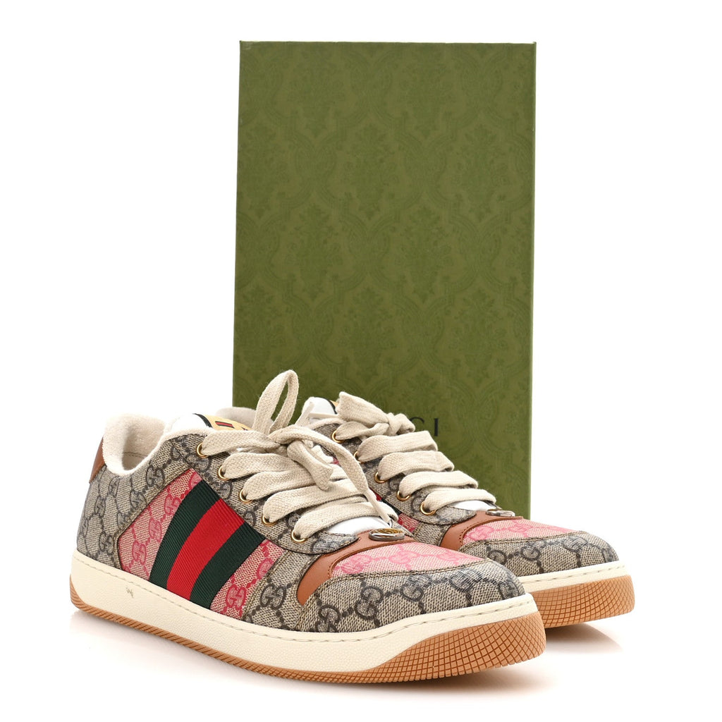 GG SUPREME MONOGRAM HARNESS CALFSKIN WEB MENS SCREENER SNEAKERS BEIGE EBONY ROSSO HARNESS BROWN