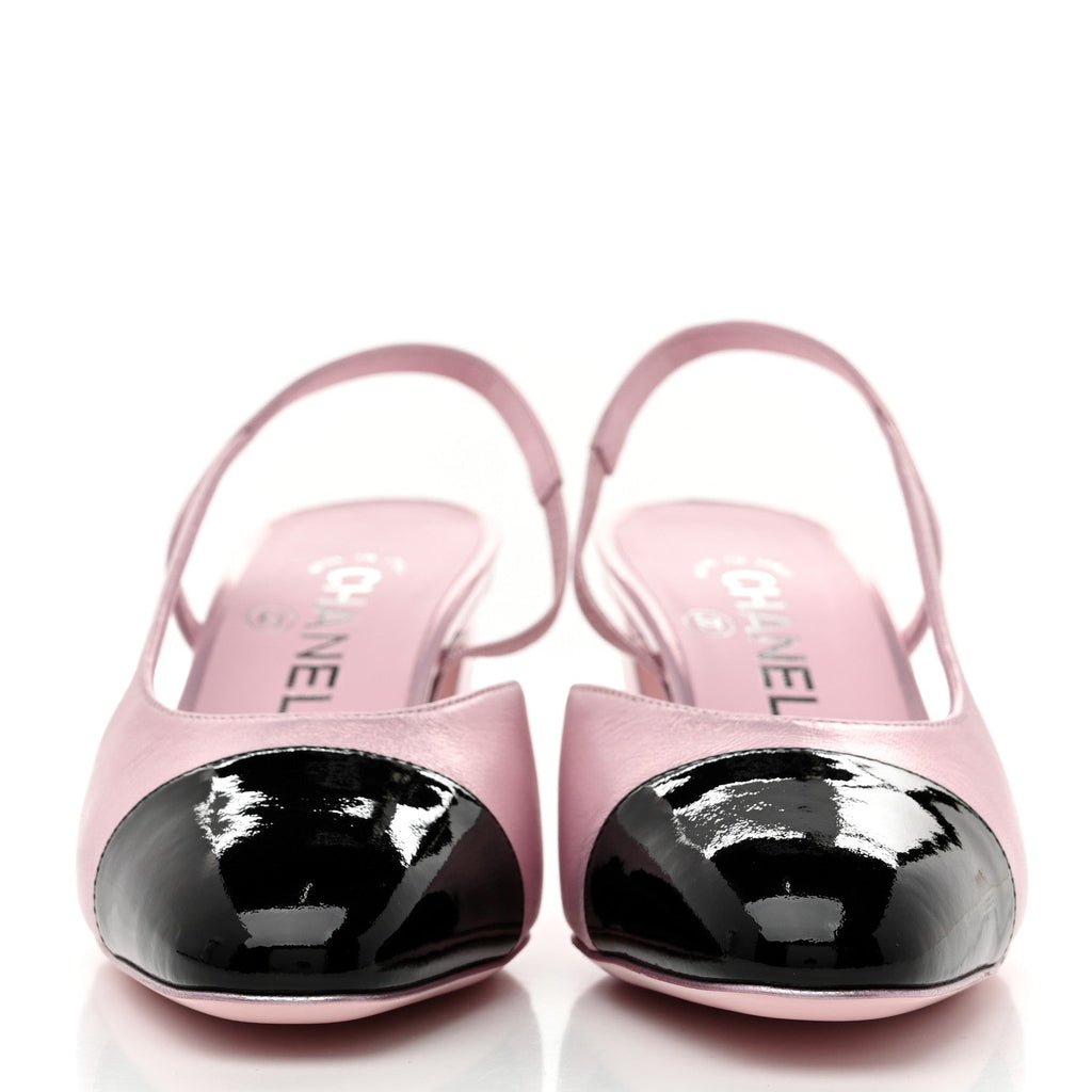 LAMINATED LAMBSKIN PATENT CAP TOE CC SLINGBACK PUMPS LIGHT PINK BLACK