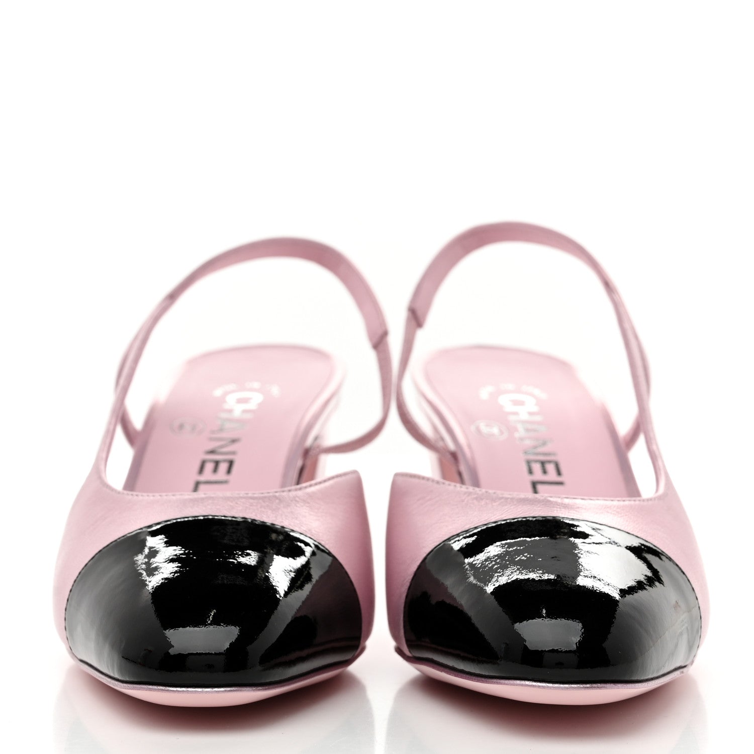 LAMINATED LAMBSKIN PATENT CAP TOE CC SLINGBACK PUMPS LIGHT PINK BLACK