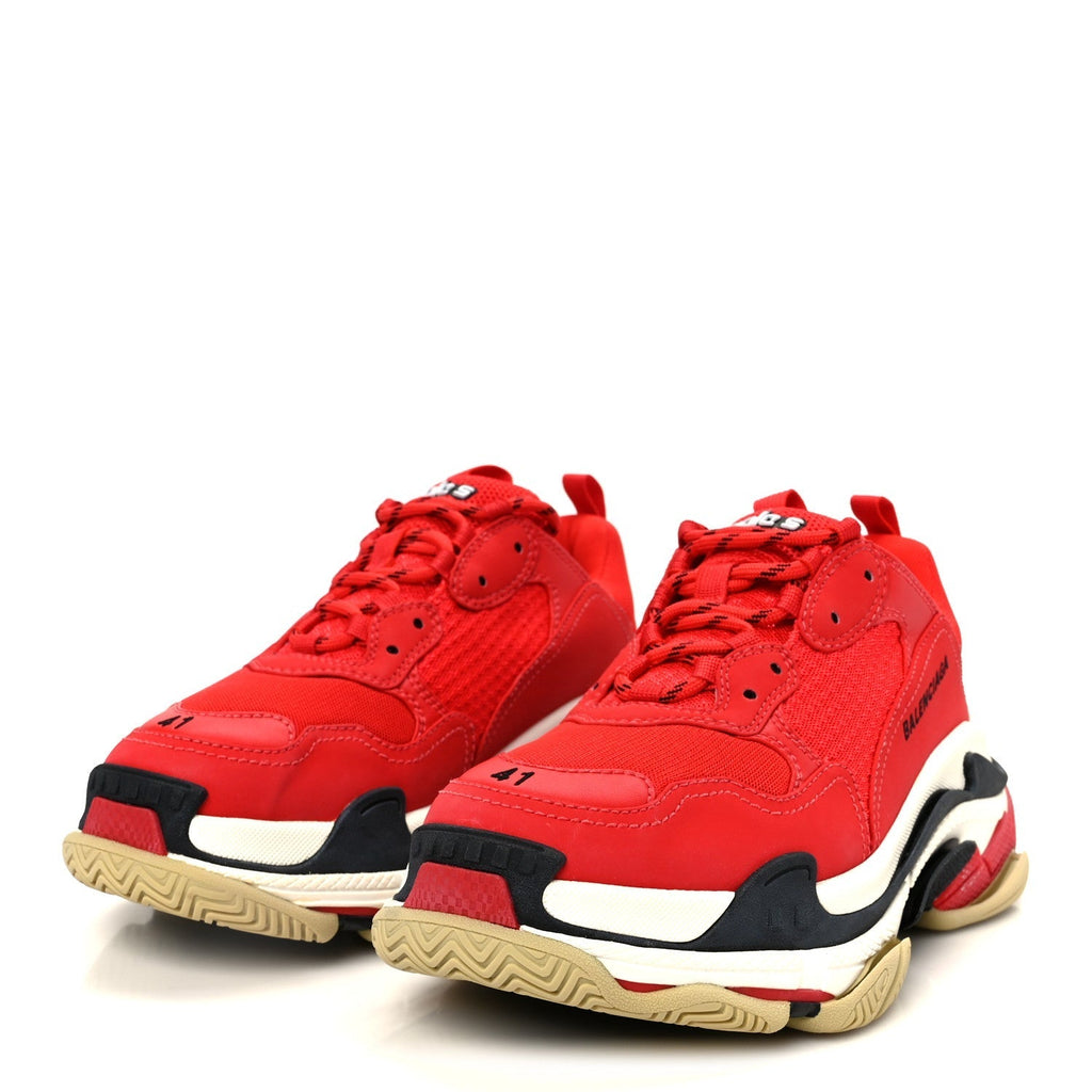 WASHED EFFECT FABRIC MESH MENS TRIPLE S SNEAKERS RED BLACK