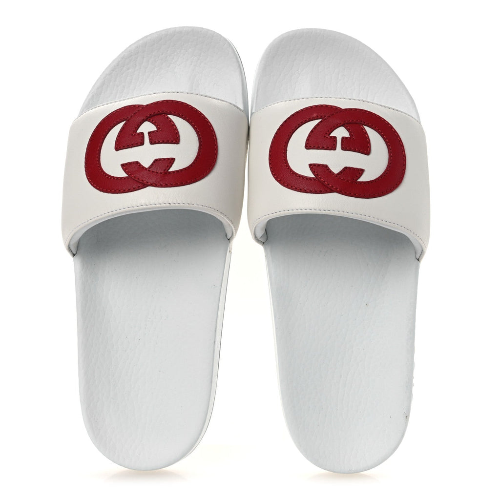 NAPPA MIRO SOFT CALFSKIN INTERLOCKING G MENS SLIDE SANDALS WHITE HIBISCUS RED