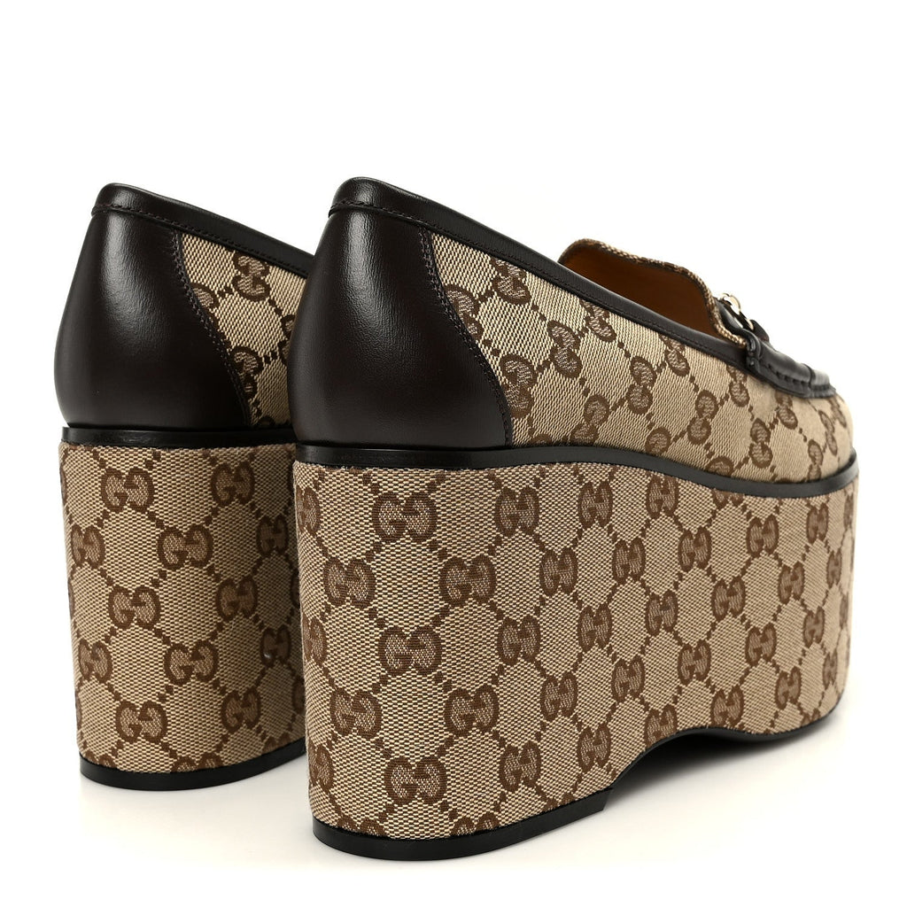 CANVAS GG MONOGRAM HORSEBIT CALFSKIN WOMENS HORSEBIT PLATFORM LOAFERS BEIGE EBONY COCOA