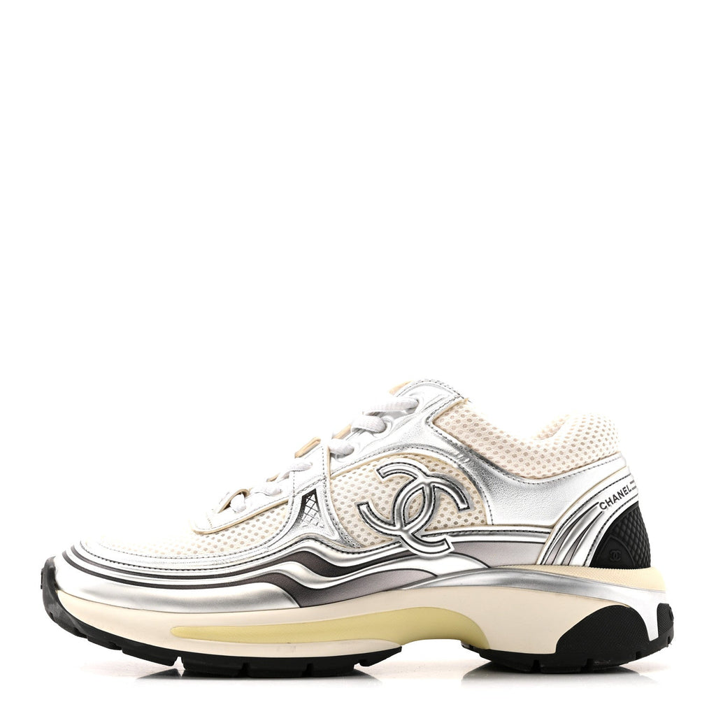 FABRIC LAMINATED CALFSKIN STRETCH CC WOMENS SNEAKERS WHITE SILVER