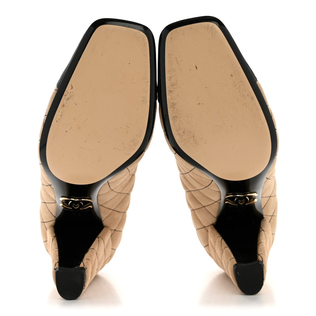 SUEDE KIDSKIN PATENT QUILTED CC CAP TOE PUMPS BEIGE BLACK