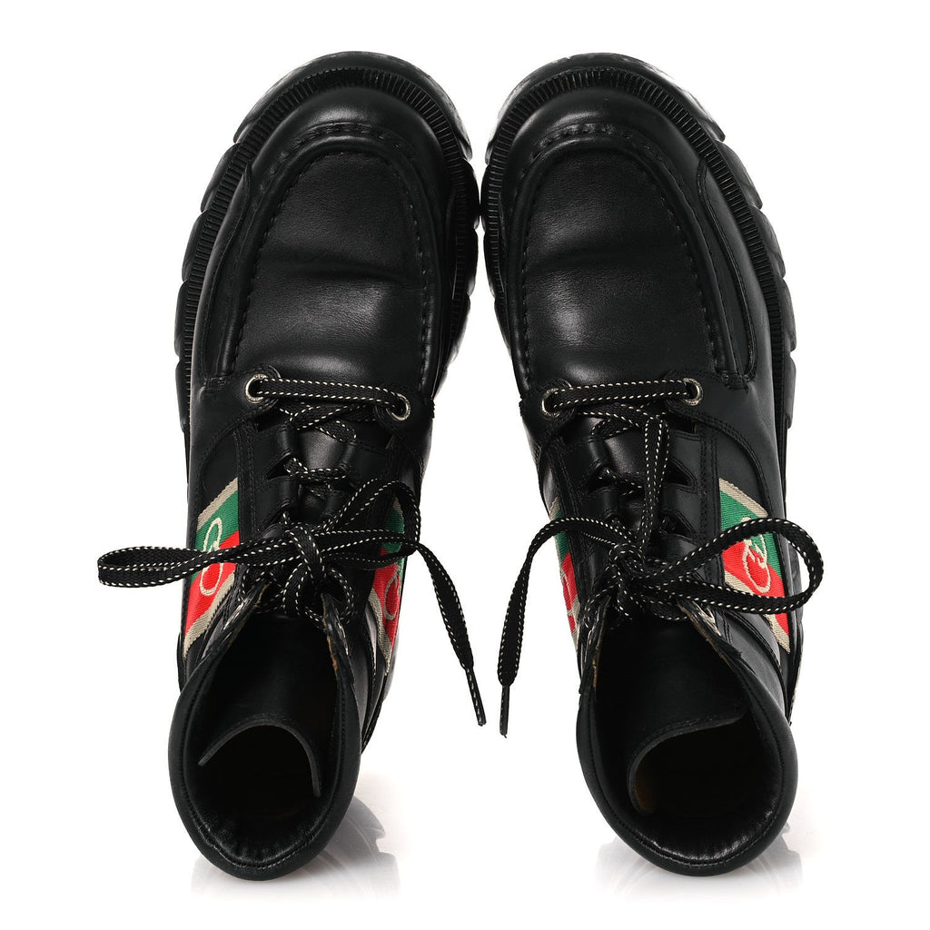 QUEBEC CALFSKIN WEB WOMENS INTERLOCKING G LACE UP COMBAT BOOTS BLACK MYSTIC WHITE GREEN RED