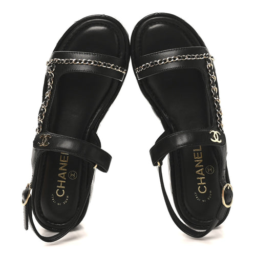 LAMBSKIN QUILTED CHAIN CC PLATFORM SANDALS BLACK