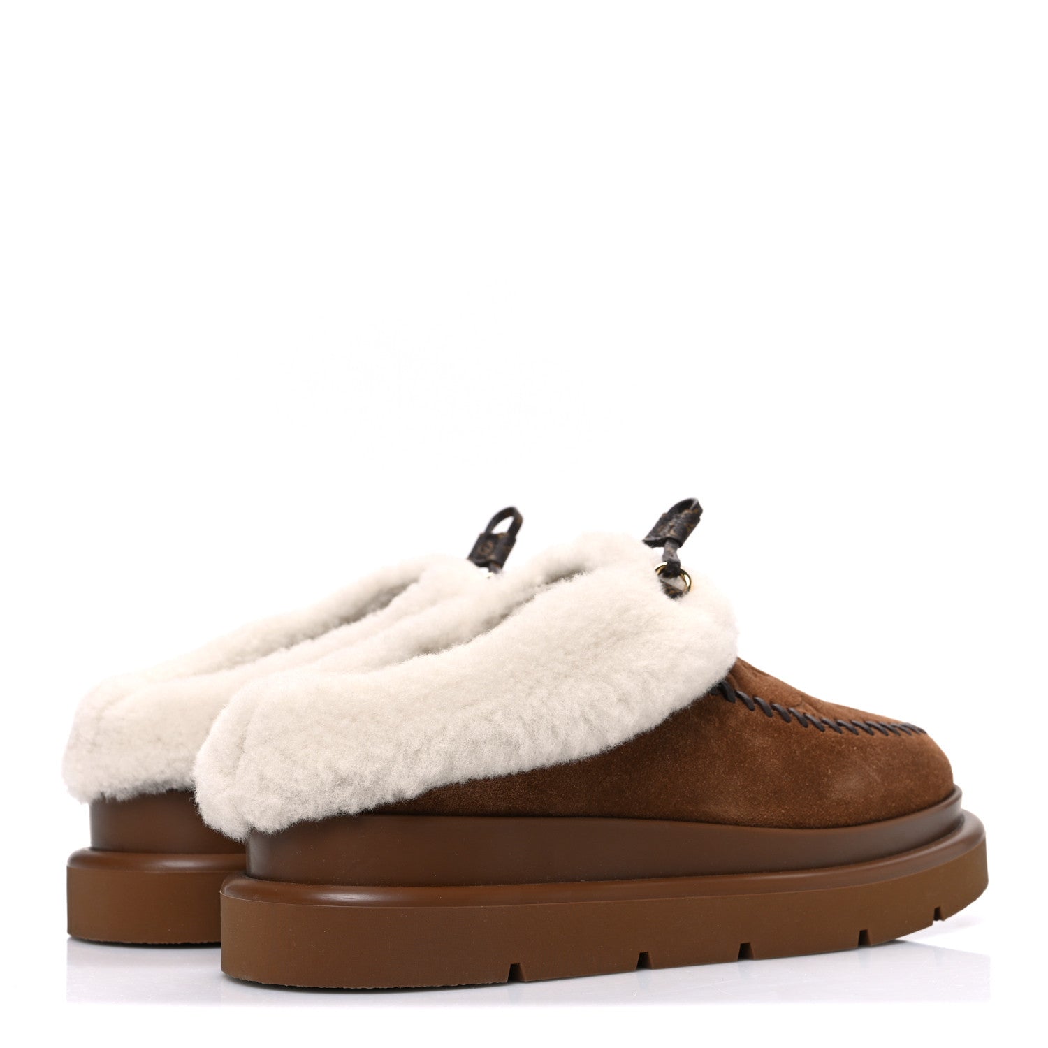 SUEDE CALFSKIN SHEARLING MONOGRAM DEBOSSED CORTINA CLOSED MULE LIGHT BEIGE