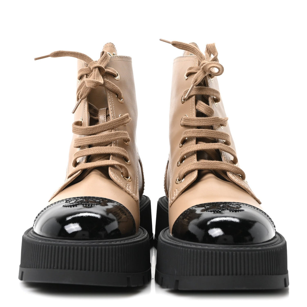 CALFSKIN PATENT CALFSKIN CC LACE UP COMBAT BOOTS BEIGE BLACK