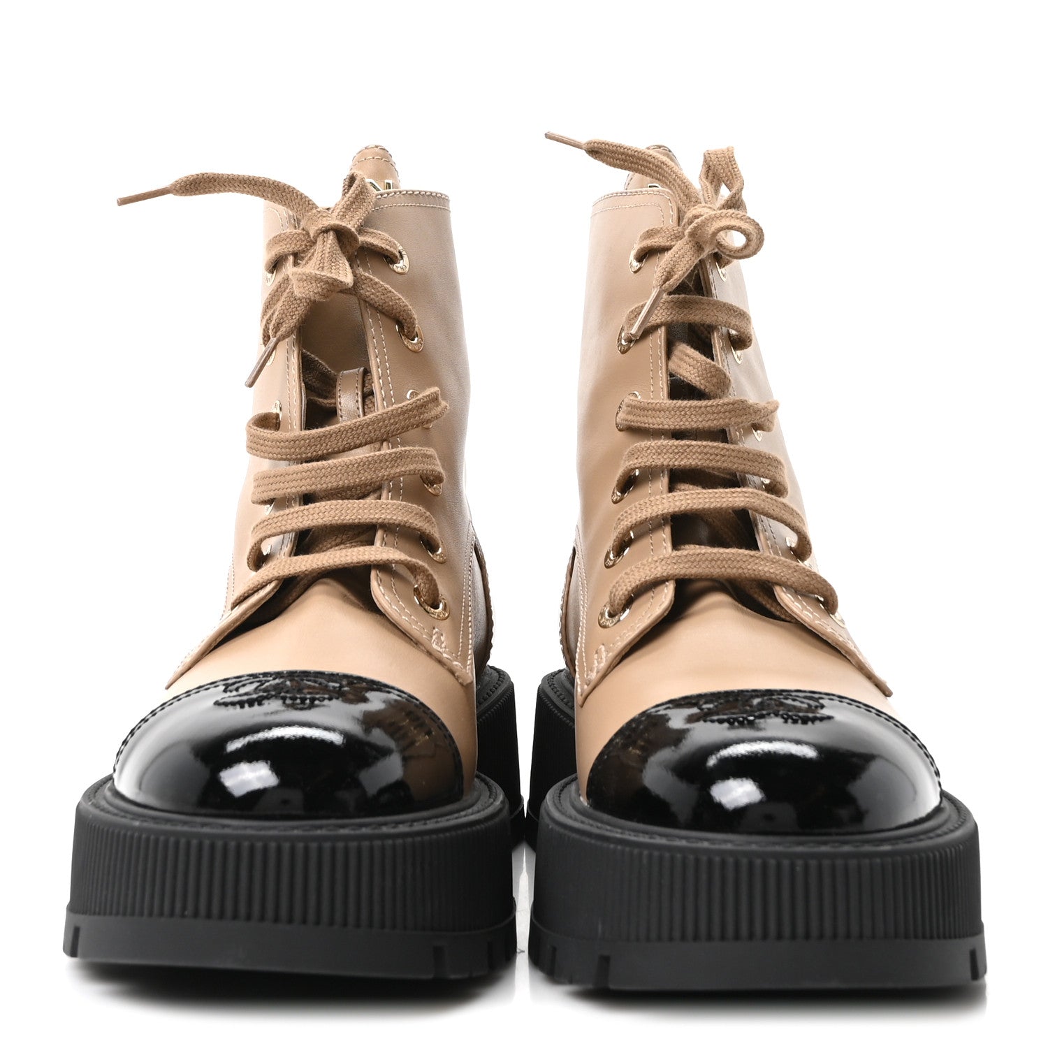 CALFSKIN PATENT CALFSKIN CC LACE UP COMBAT BOOTS BEIGE BLACK