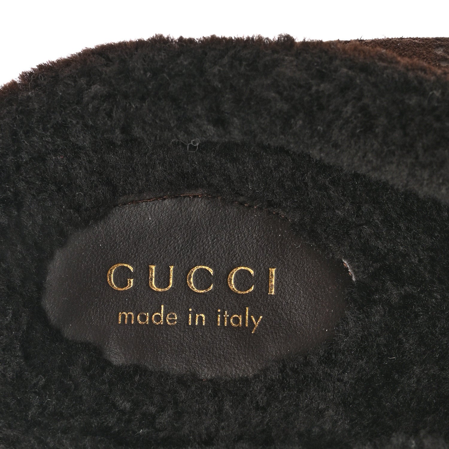 SUEDE GG DEBOSSED SHEARLING WOMENS HORSEBIT MULES DARK BROWN