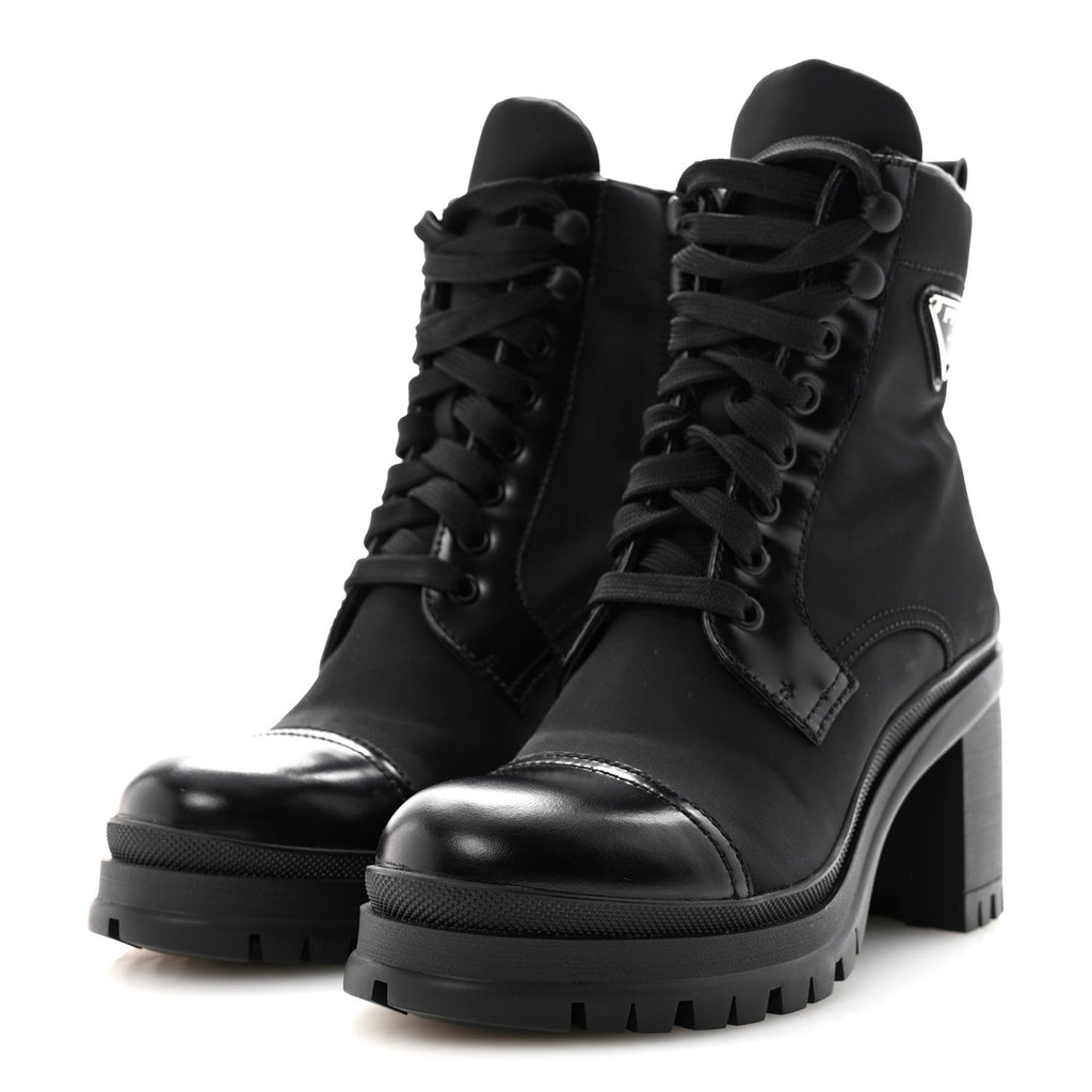 SPAZZOLATO RE-NYLON METAL TRIANGLE LOGO LACE UP 85MM ANKLE BOOTS BLACK