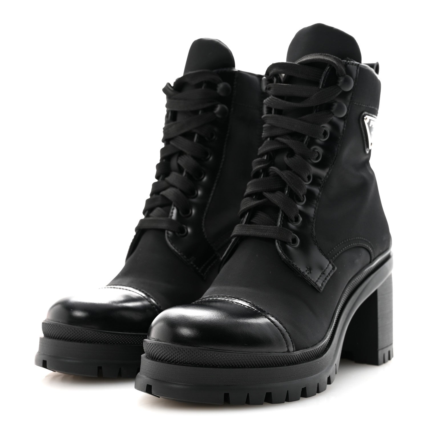 SPAZZOLATO RE-NYLON METAL TRIANGLE LOGO LACE UP 85MM ANKLE BOOTS BLACK