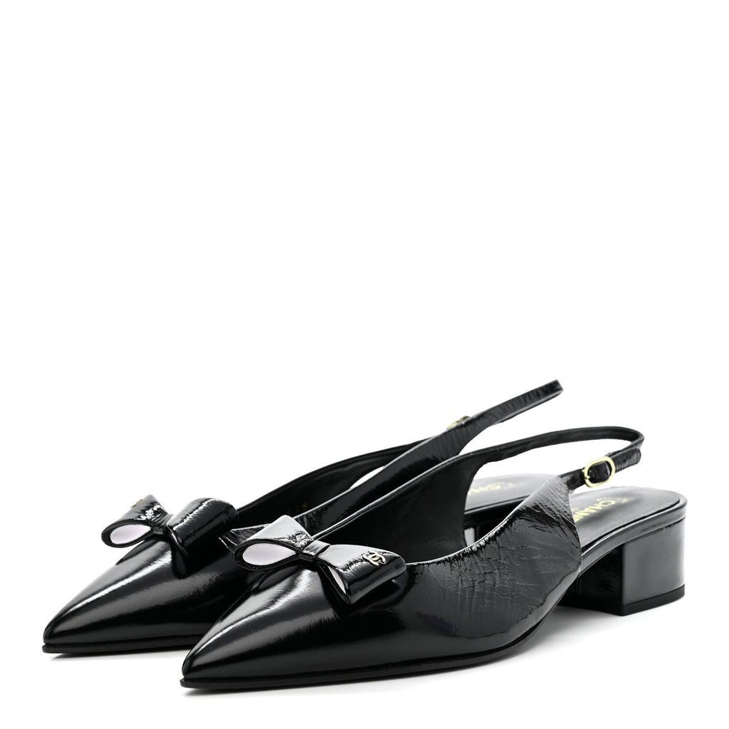 CRUMPLED PATENT CALFSKIN CC BOW SLINGBACK PUMPS BLACK