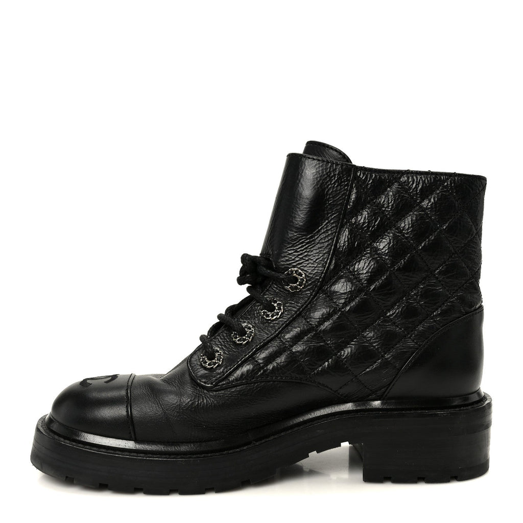 SHINY GOATSKIN CALFSKIN QUILTED LACE UP COMBAT BOOTS BLACK