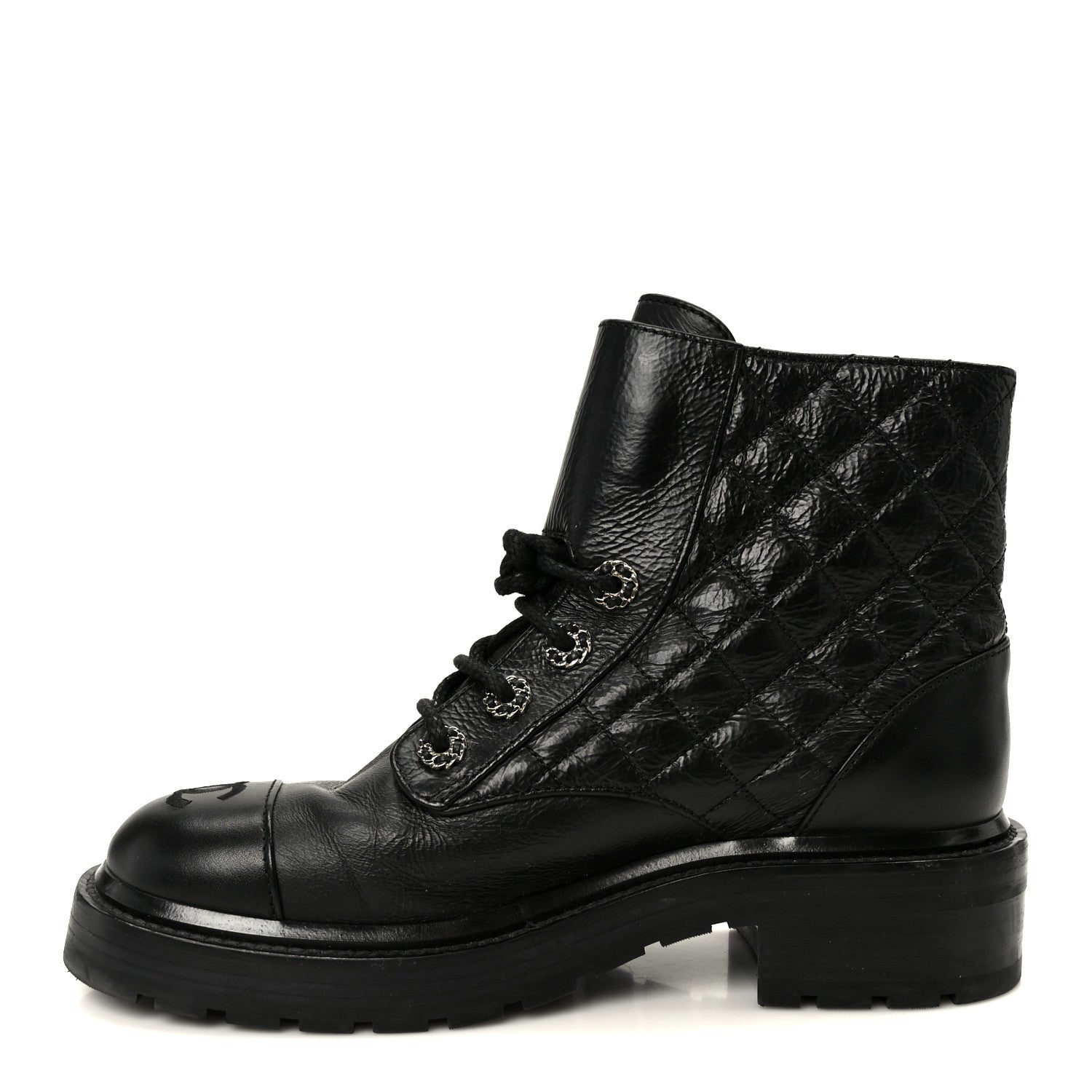 SHINY GOATSKIN CALFSKIN QUILTED LACE UP COMBAT BOOTS BLACK