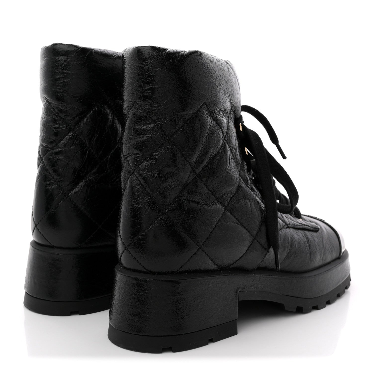 CRUMPLED PATENT LAMBSKIN CALFSKIN QUILTED LACE UP COMBAT BOOTS BLACK