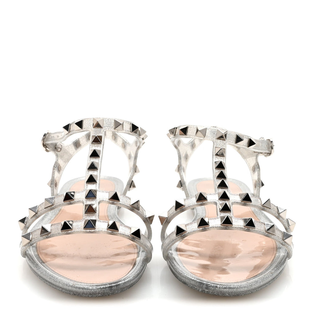 PVC JELLY GLITTER ROCKSTUD CAGED FLAT THONG SANDALS SILVER