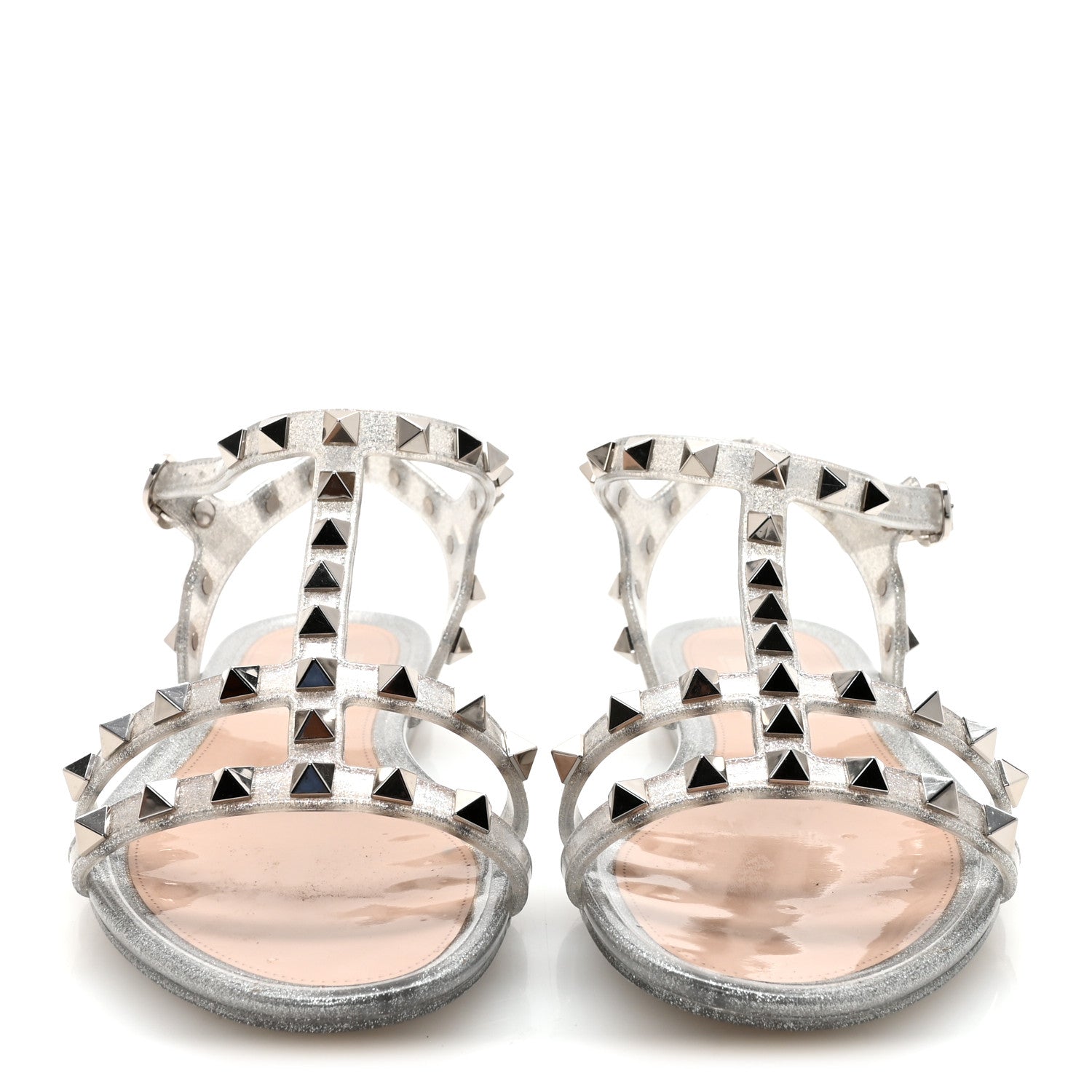 PVC JELLY GLITTER ROCKSTUD CAGED FLAT THONG SANDALS SILVER