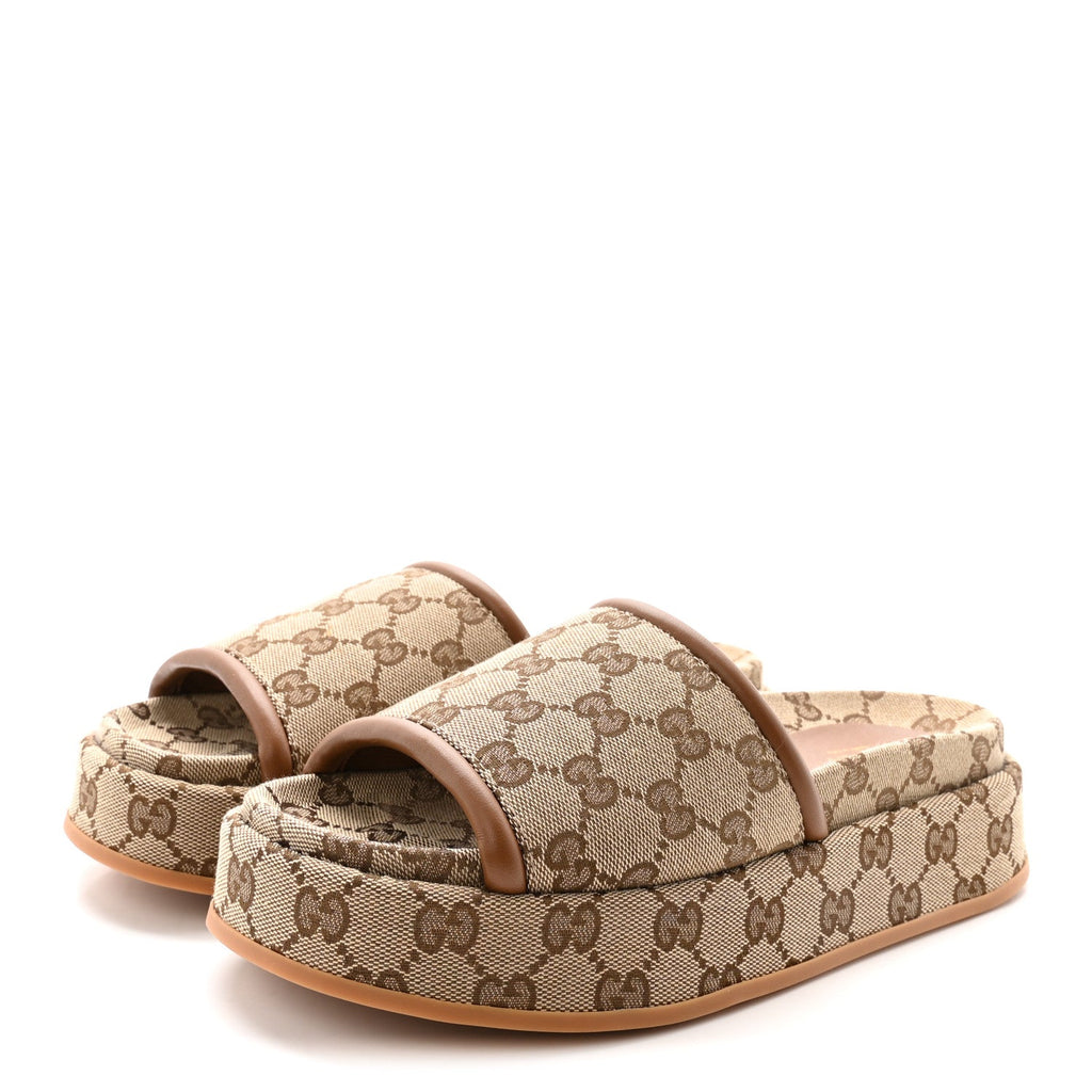 ORIGINAL GG CANVAS MONOGRAM WOMENS GG PLATFORM SANDALS BEIGE DARK BROWN
