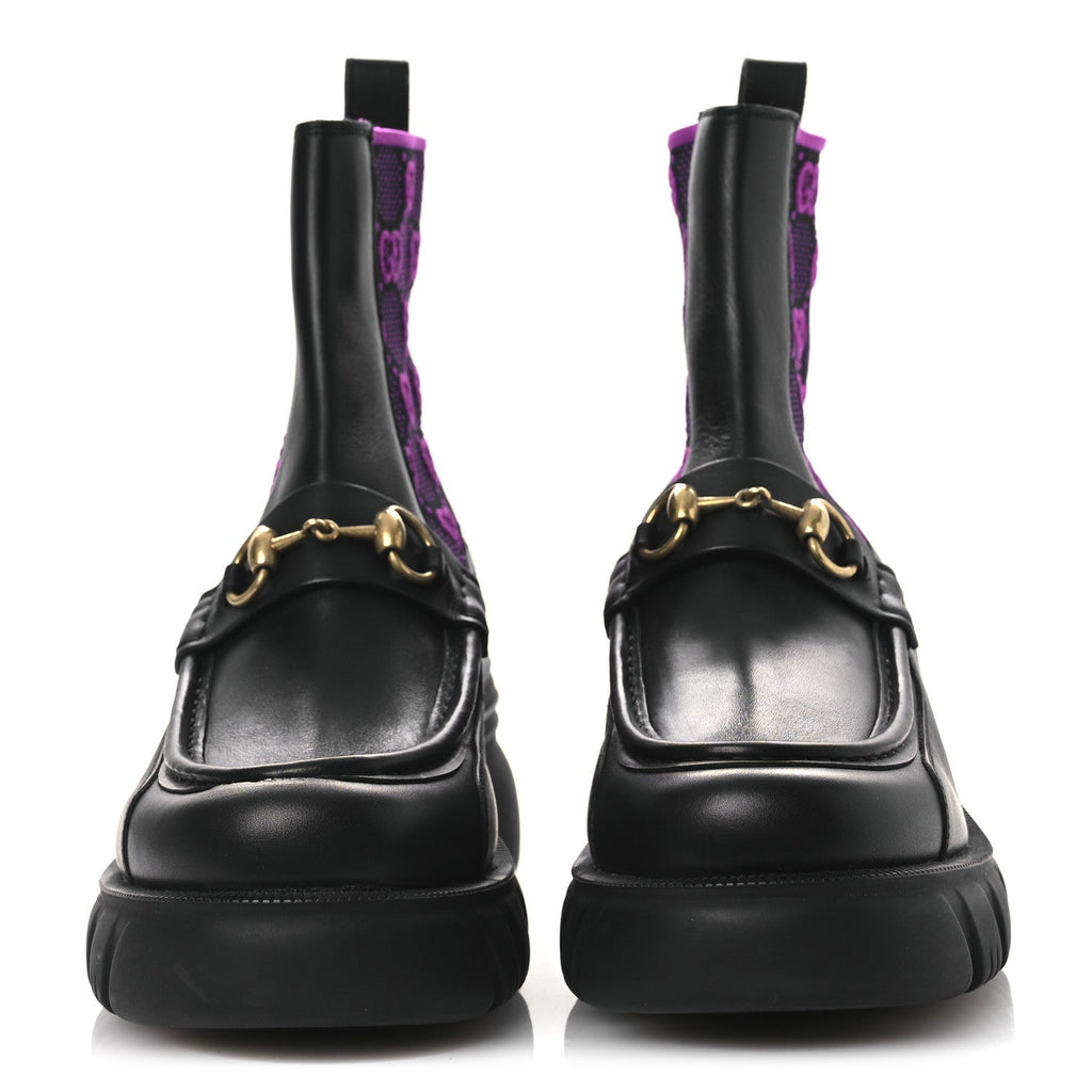 QUEBEC CALFSKIN TECHNICAL JERSEY KNIT GG MONOGRAM HORSEBIT ANKLE BOOTS BLACK FUCSIA