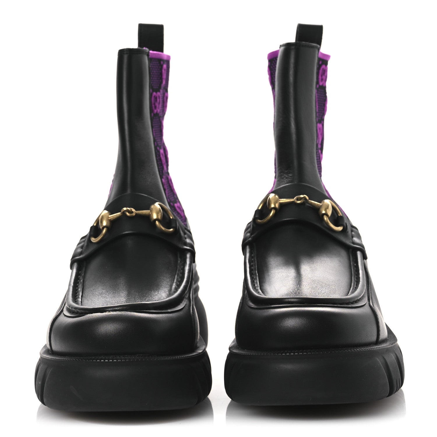 QUEBEC CALFSKIN TECHNICAL JERSEY KNIT GG MONOGRAM HORSEBIT ANKLE BOOTS BLACK FUCSIA