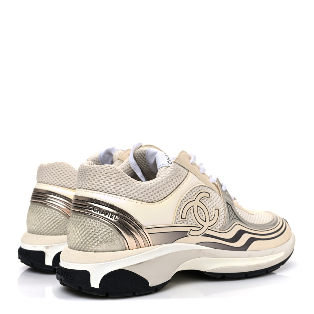 FABRIC LAMINATED CALFSKIN STRETCH CC SNEAKERS IVORY WHITE SILVER