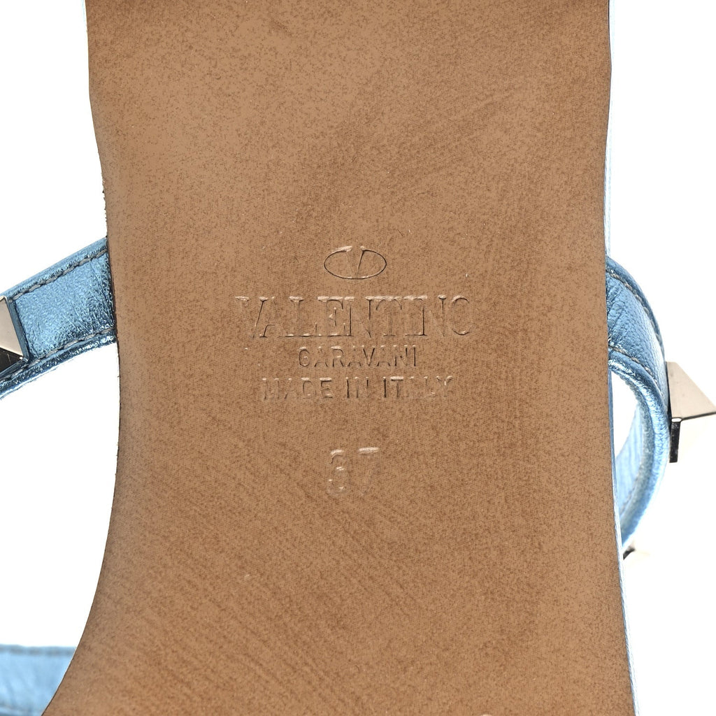 METALLIC NAPPA ROCKSTUD CAGED FLAT SLIDE SANDALS CERULEAN