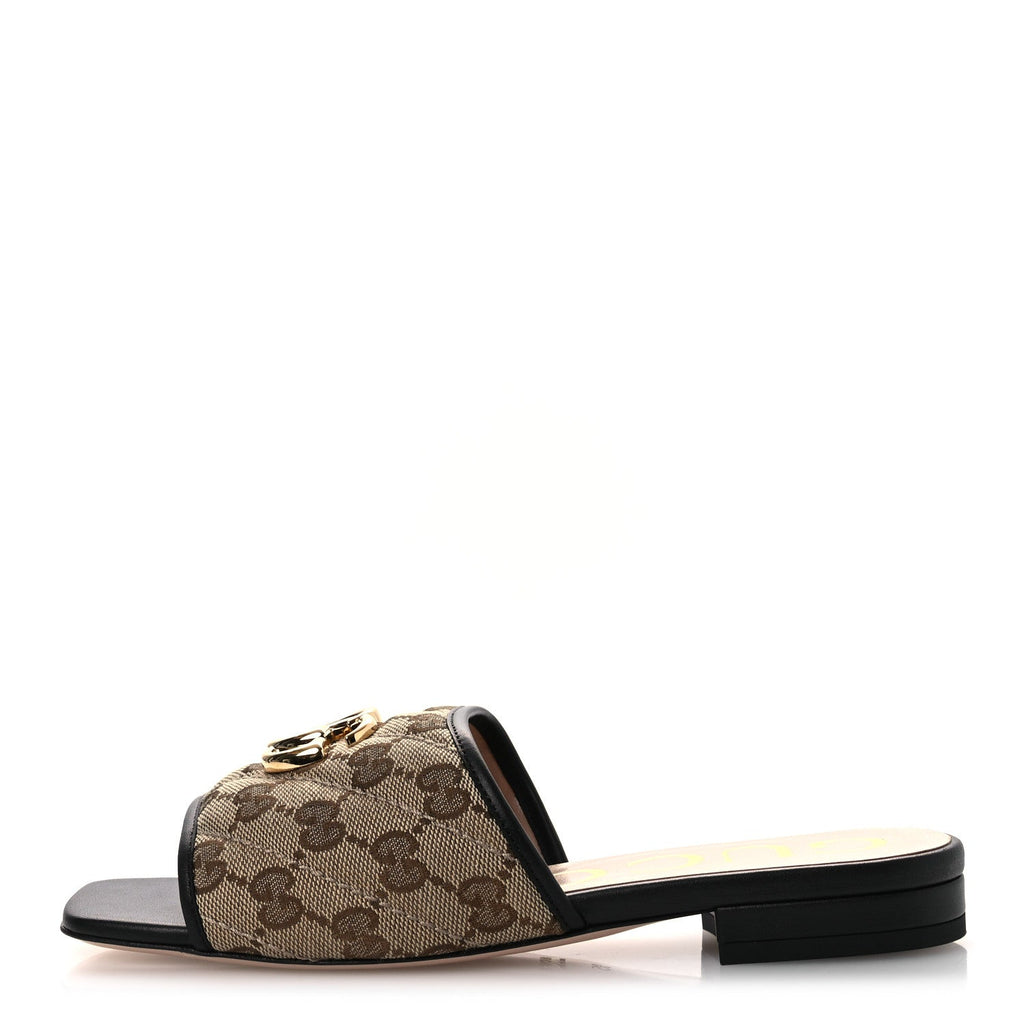 MONOGRAM MATELASSE DIAGONAL GG MARMONT FLAT SLIDE SANDALS BEIGE EBONY BLACK