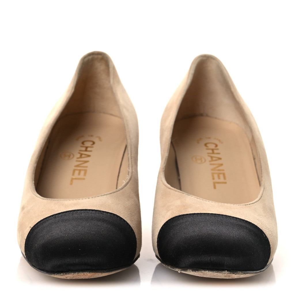 SUEDE SATIN CAP TOE LOW HEEL PUMPS BEIGE BLACK