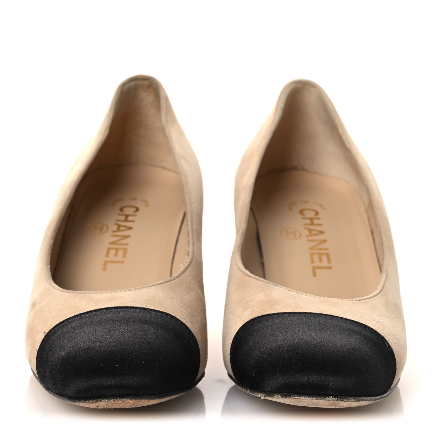 SUEDE SATIN CAP TOE LOW HEEL PUMPS BEIGE BLACK