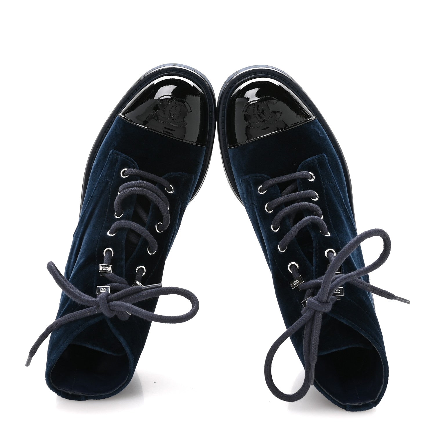 VELVET PATENT CALFSKIN LACE UP COMBAT BOOTS BLUE BLACK