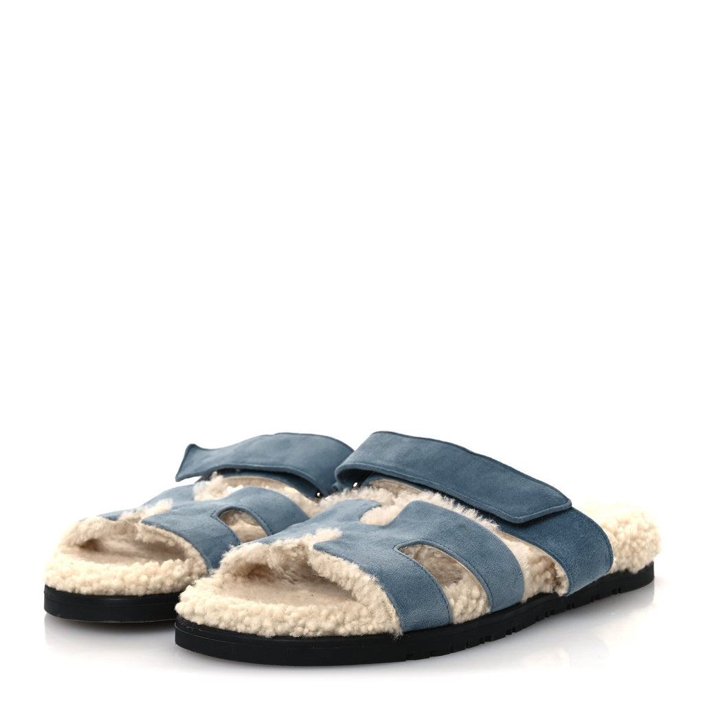 SUEDE GOATSKIN WOOLSKIN WOMENS CHYPRE SANDALS BLEU PINEDE ECRU