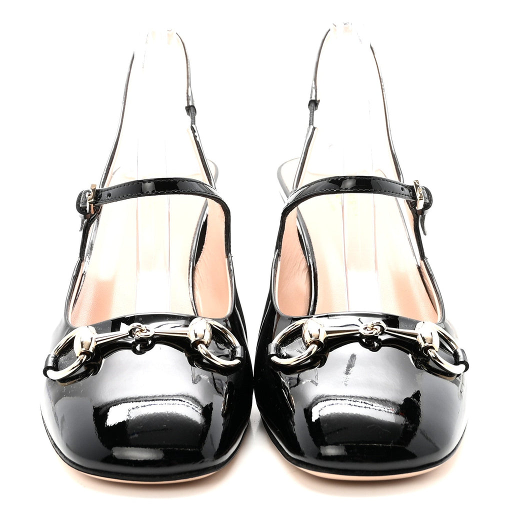 PATENT WOMENS HORSEBIT SLINGBACK PUMPS BLACK