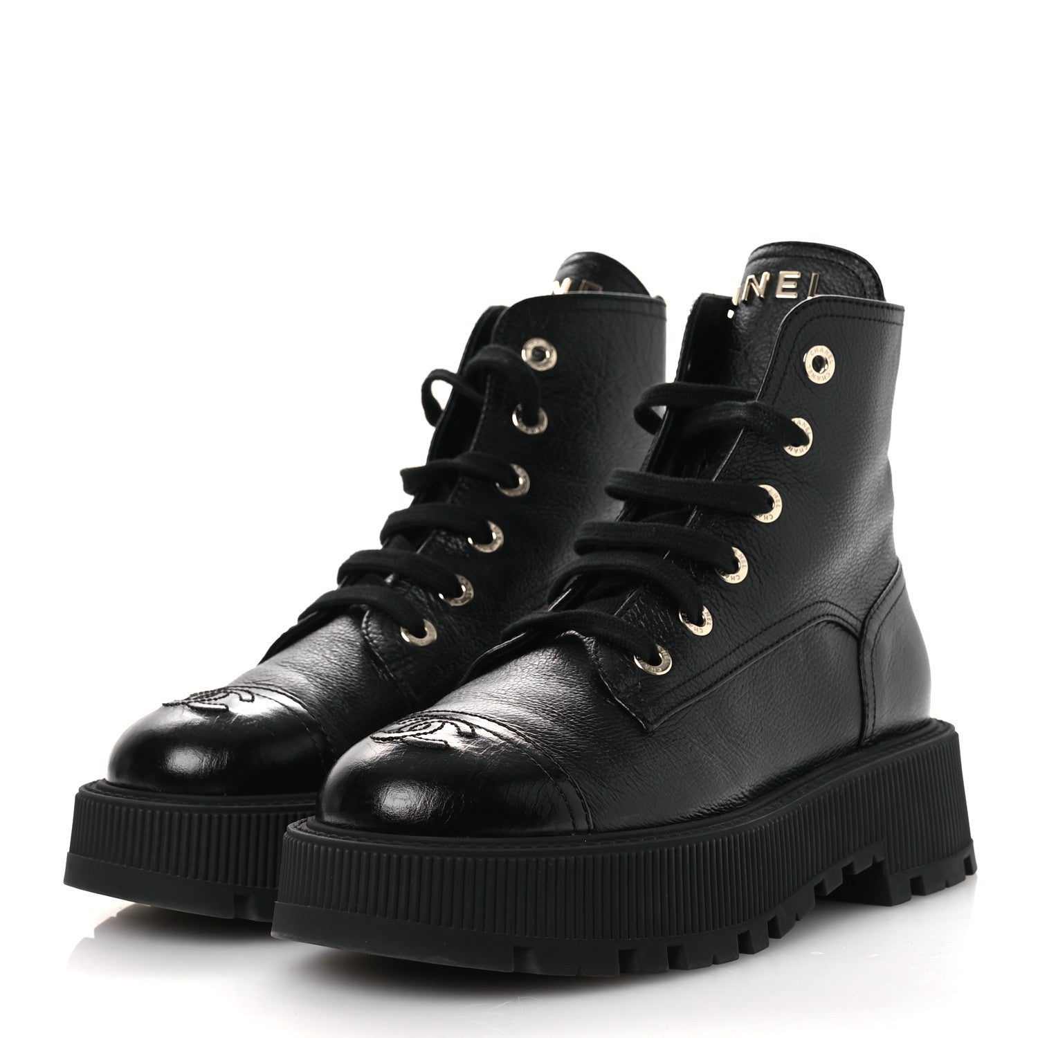 GRAINED CALFSKIN SHINY CALFSKIN CC LACE UP COMBAT BOOTS BLACK