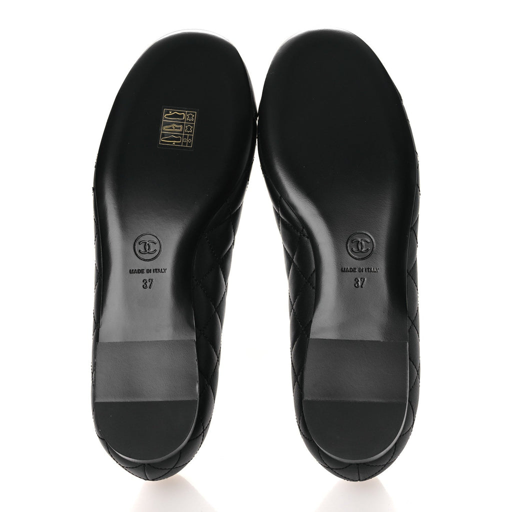 CALFSKIN LAMBSKIN QUILTED CC CAP TOE BALLERINA FLATS BLACK