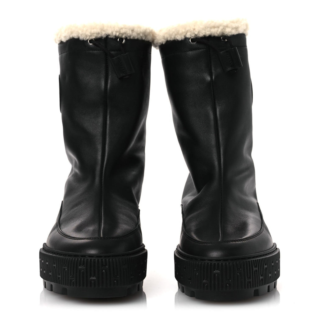 CALFSKIN SHEARLING WOMENS JOURNEY ANKLE BOOTS BLACK ECRU