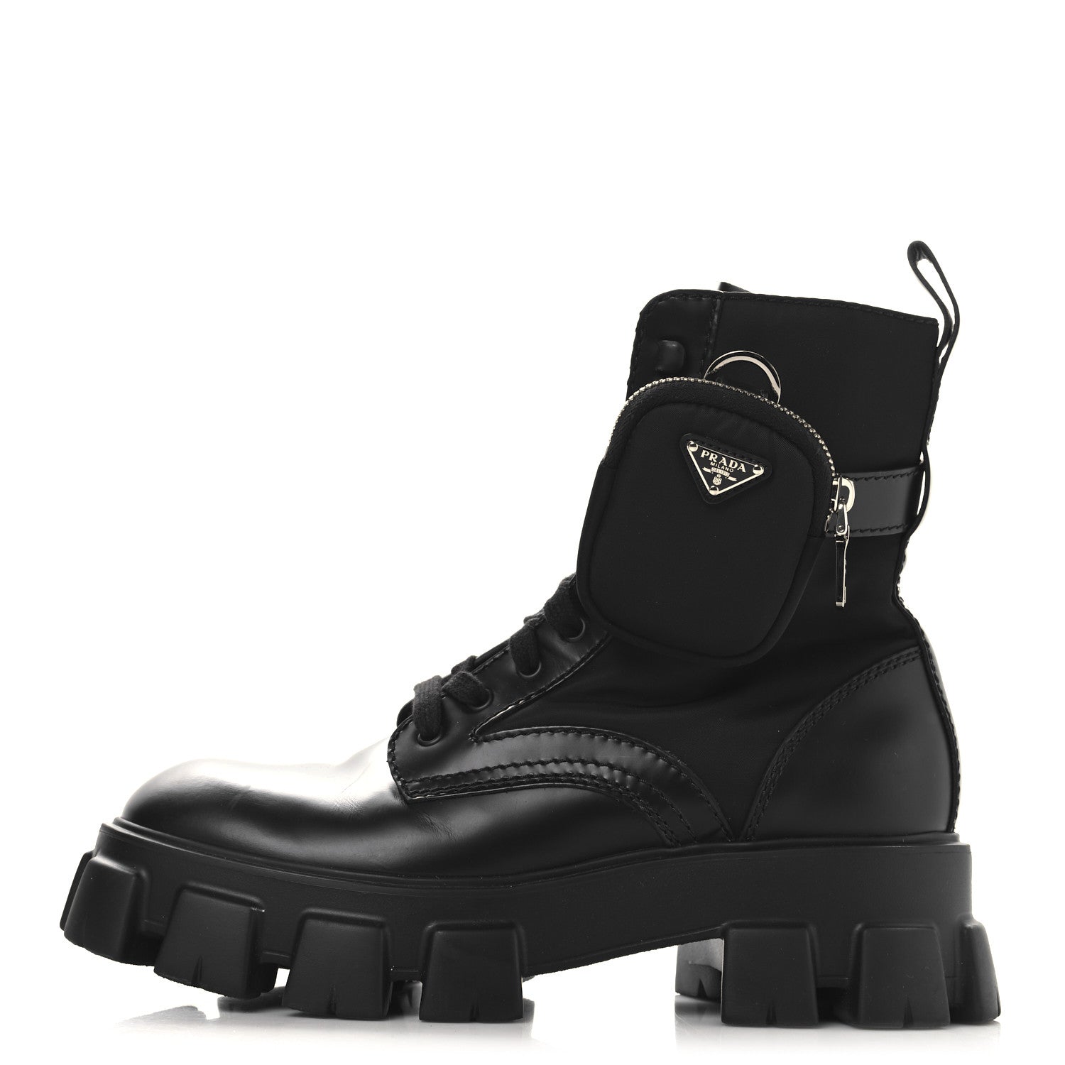 SPAZZOLATO ROIS RE-NYLON METAL TRIANGLE LOGO MONOLITH POUCH POCKET 55MM BOOTS BLACK