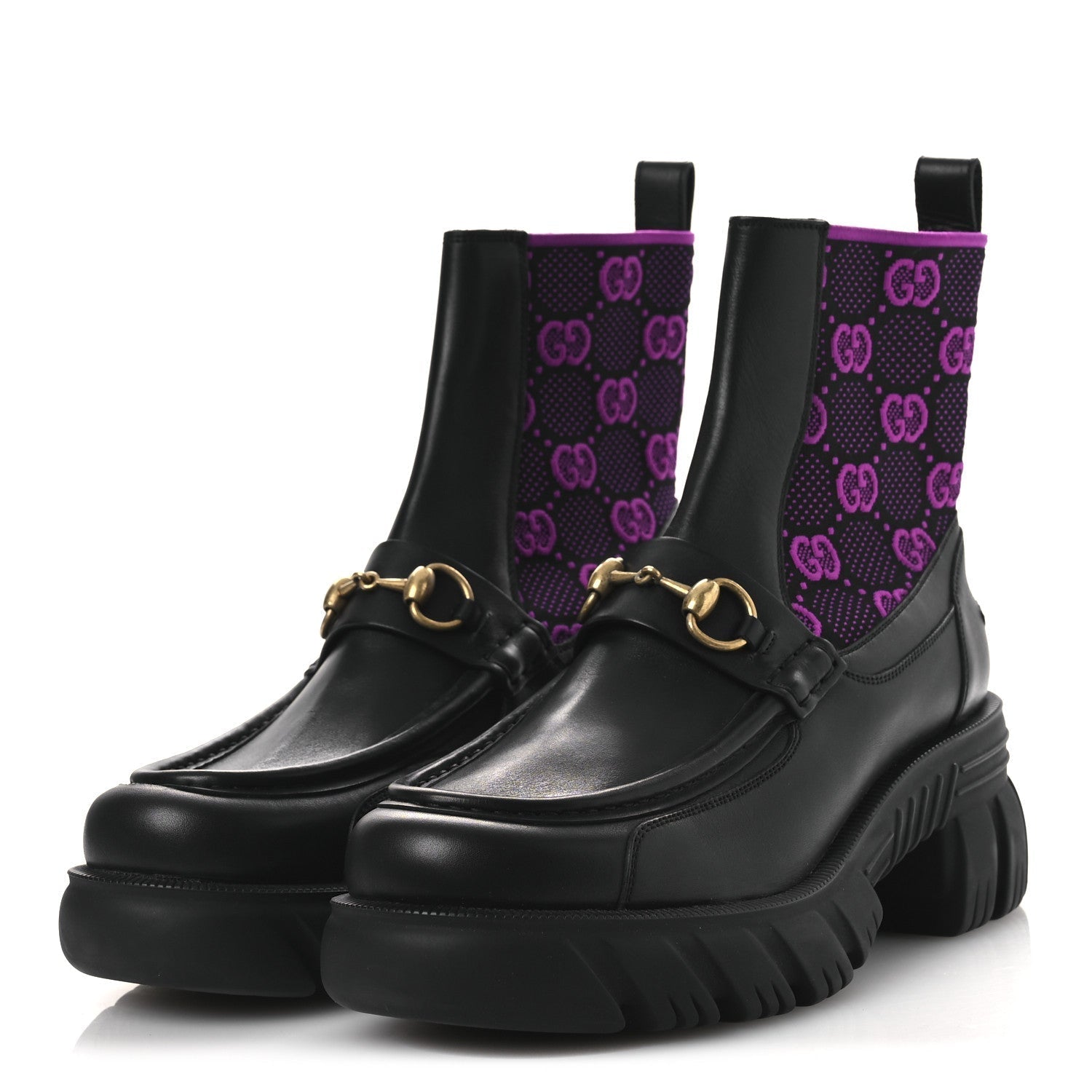 QUEBEC CALFSKIN TECHNICAL JERSEY KNIT GG MONOGRAM HORSEBIT ANKLE BOOTS BLACK FUCSIA