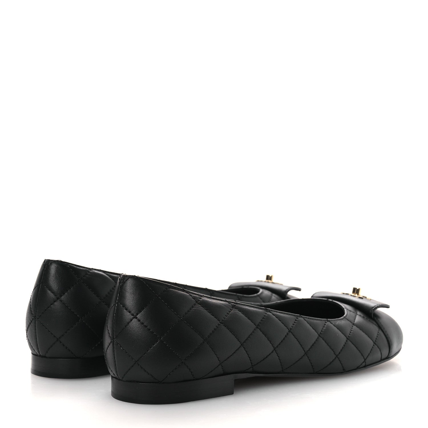 CALFSKIN LAMBSKIN QUILTED CC CAP TOE BALLERINA FLATS BLACK