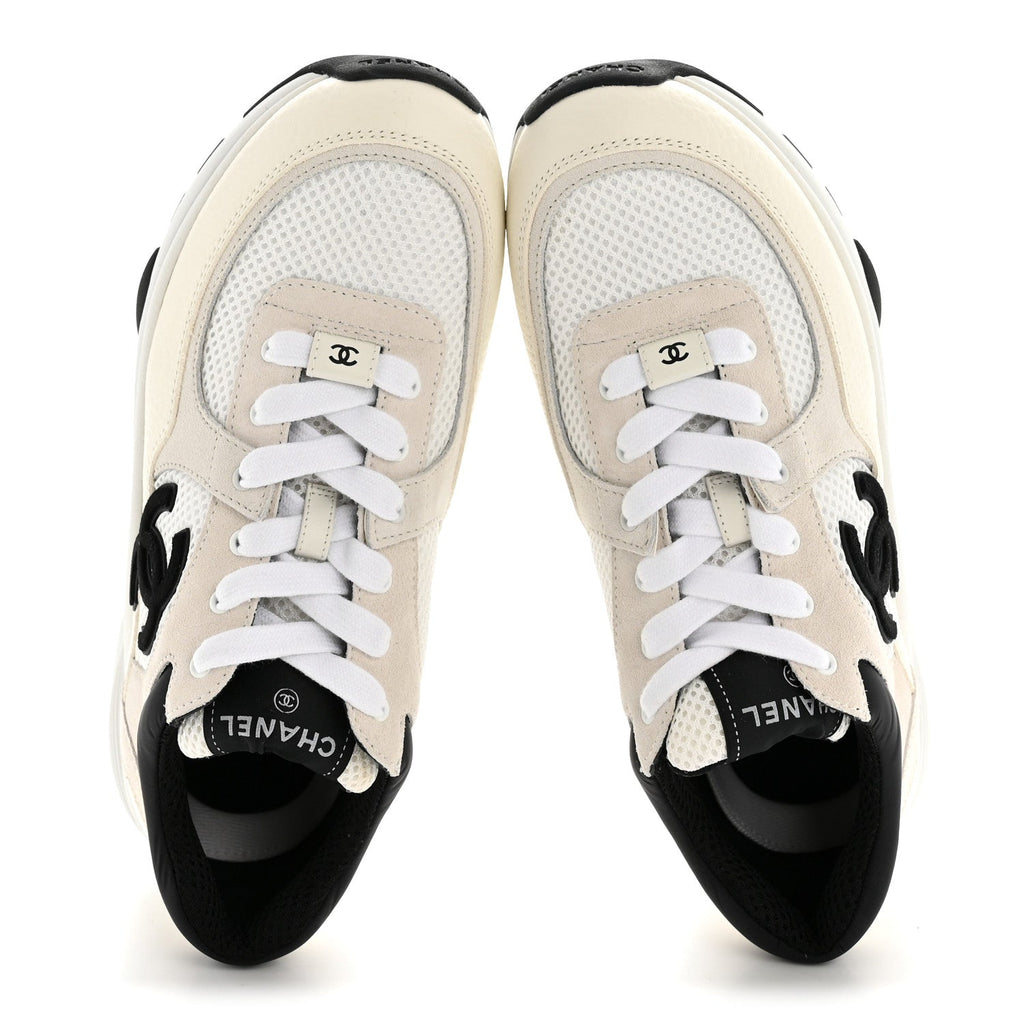 MESH SUEDE GRAINED CALFSKIN WOMENS CC SNEAKERS WHITE BLACK