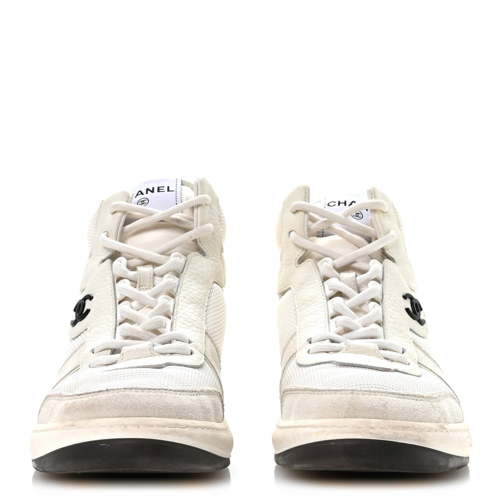 SUEDE FABRIC GRAINED CALFSKIN WOMENS CC HIGH TOP SNEAKERS WHITE