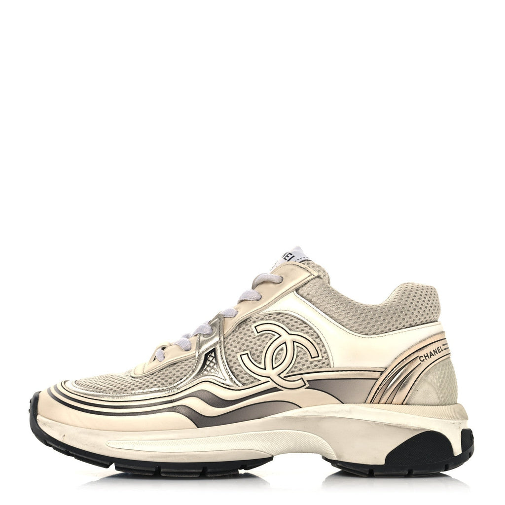 FABRIC LAMINATED CALFSKIN STRETCH CC WOMENS SNEAKERS IVORY WHITE SILVER